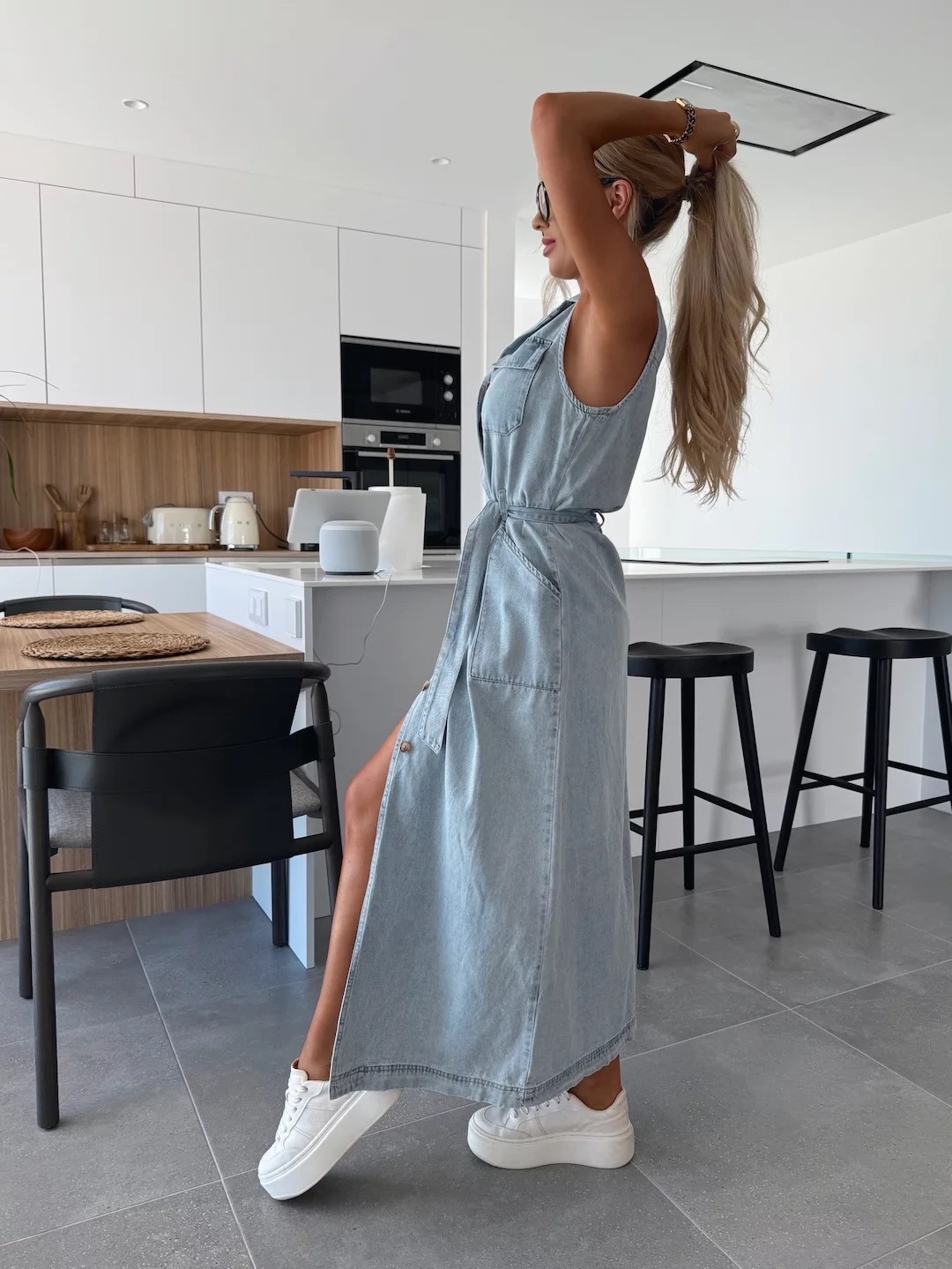 Solid Button Pocket Denim Dress