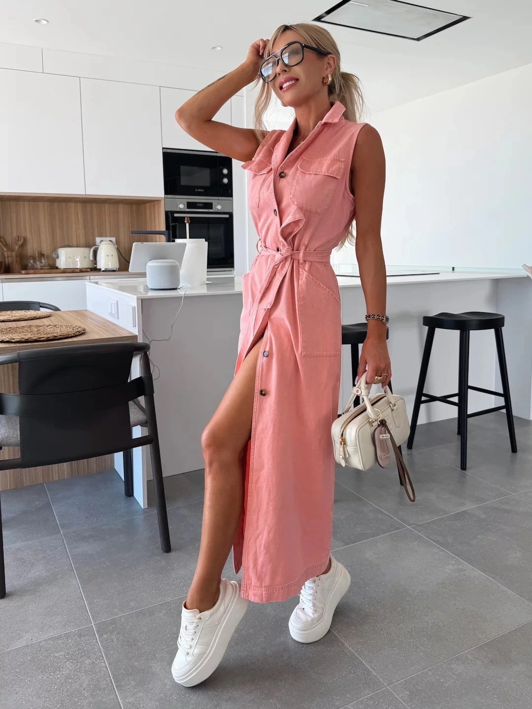 Solid Button Pocket Denim Dress