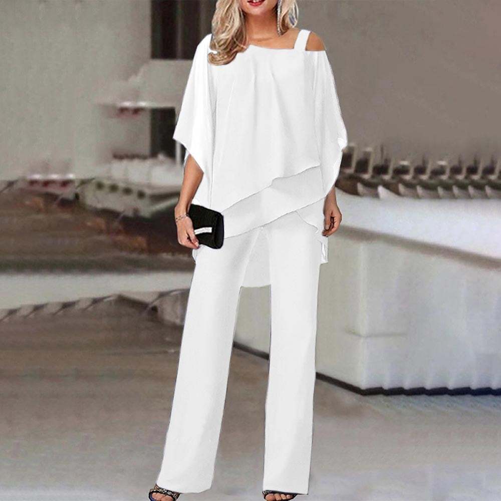 Elegant Layered Chiffon Top & Wide-Leg Pants Set