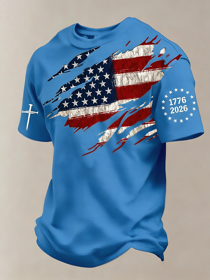 Men'S 250th Anniversary National Flag Print Waffle-Knit Fabric T-Shirt