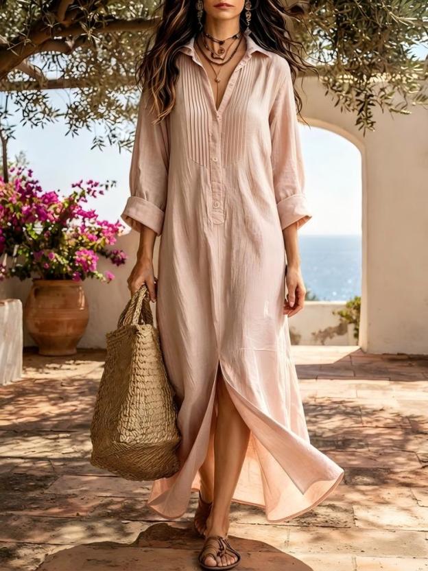 Effortless Chic: Women's Pure Cotton Pintuck Shirt Maxi Dress