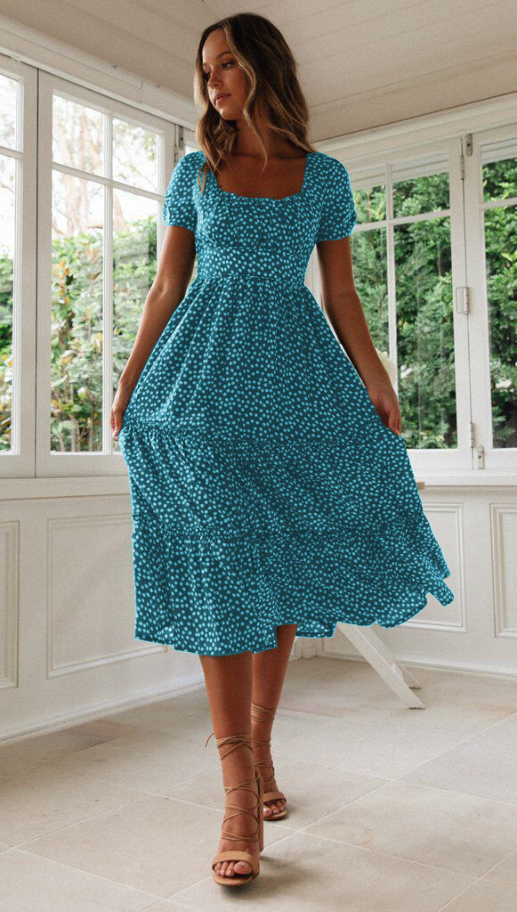 Square Neck Puff Sleeve Floral Print Maxi Dress