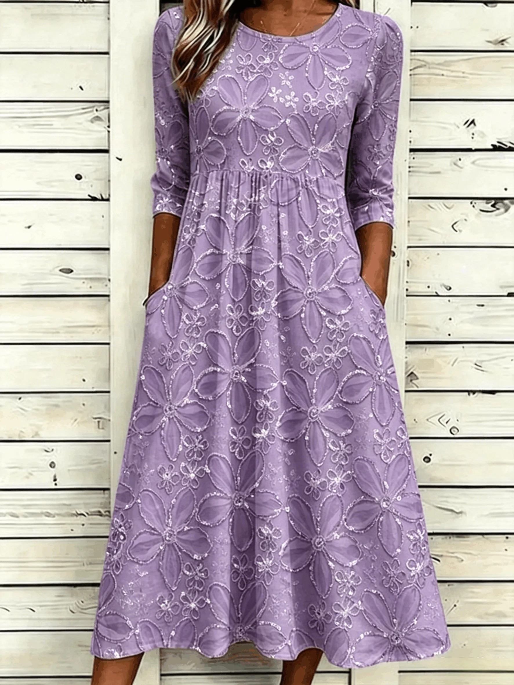Daisy Floral Sequin Print Casual A-Line Midi Dress