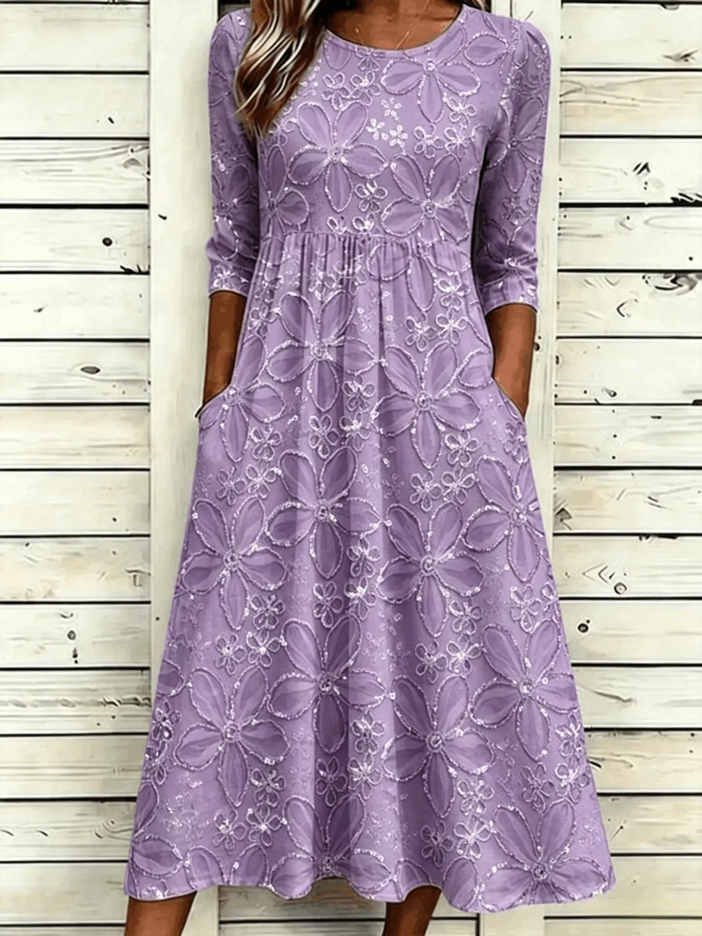 Daisy Floral Sequin Print Casual A-Line Midi Dress
