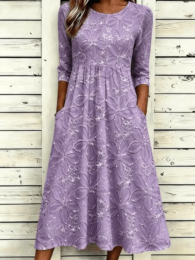 Daisy Floral Sequin Print Casual A-Line Midi Dress