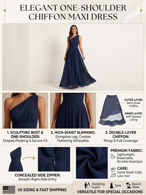 New Arrival🔥 Elegant One-Shoulder Chiffon Maxi Dress – High-Waist Slim Fit Double-Layered Evening Dress