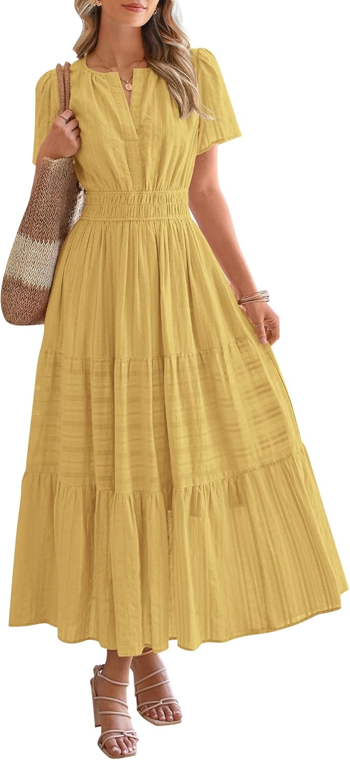 Midi Maxi Dresses Lightweight Short Sleeve V Neck Elastic Waist Boho Beach Dress Pockets