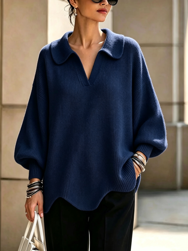 Women's Solid Color Collared Long-sleeved Casual Loose Pullover Knit Sweater