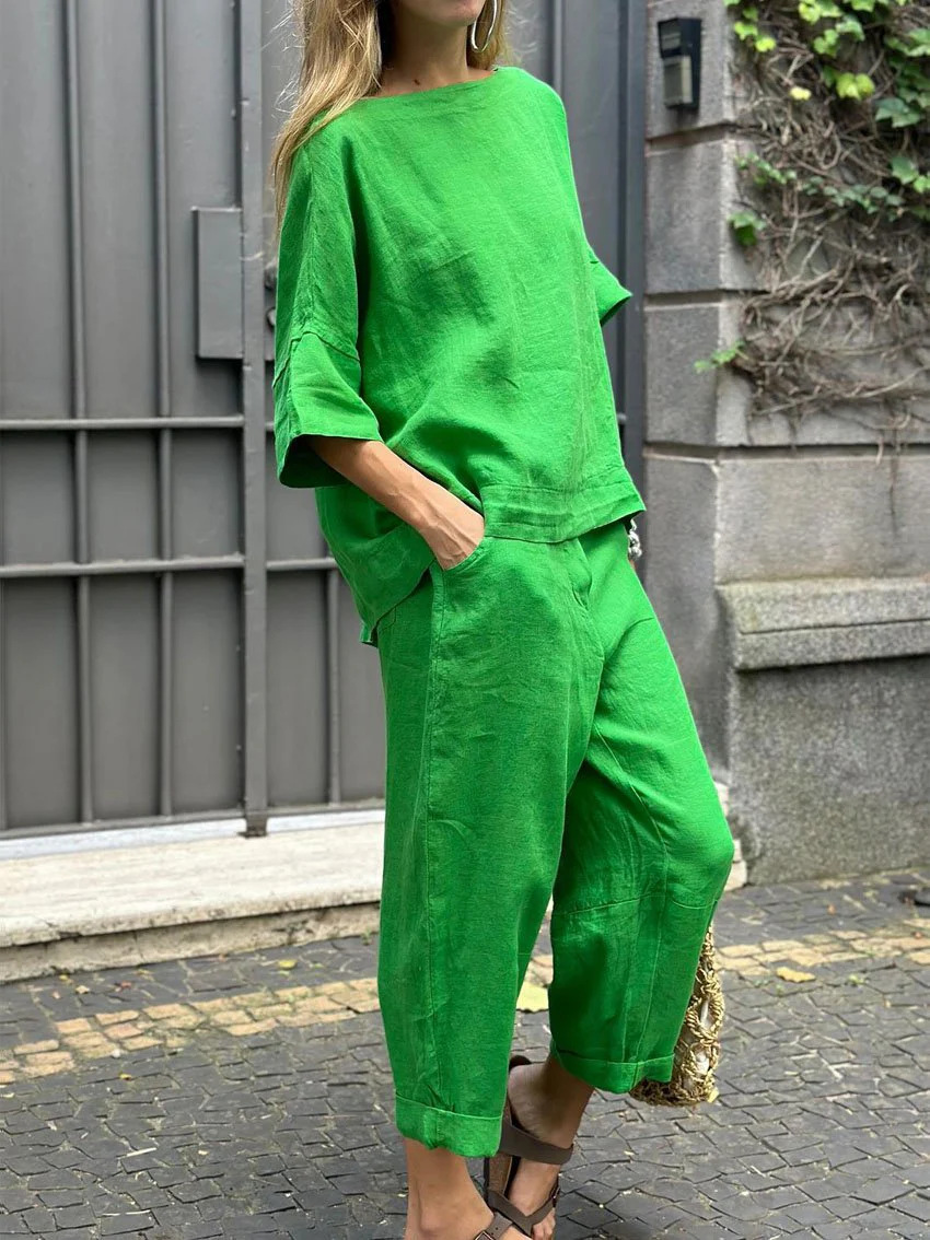 2025 summer new 2-piece women's large-size cotton and linen shirt suit high-waisted slacks