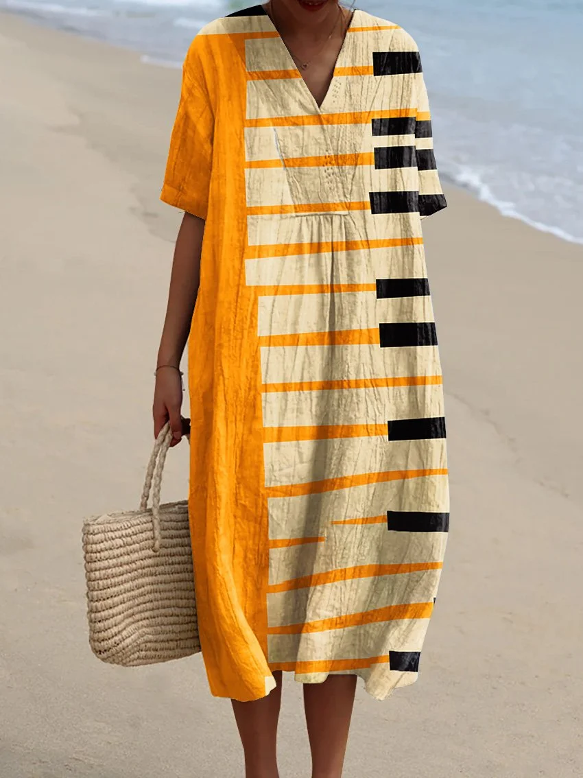 Women's Abstract Vibrant Bold Fun Colorful Geometric Stripes Art Print Flowy Dress