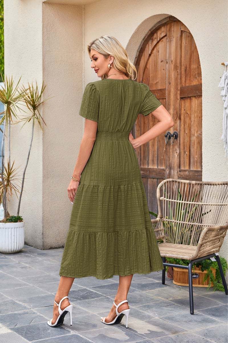 Midi Maxi Dresses Lightweight Short Sleeve V Neck Elastic Waist Boho Beach Dress Pockets