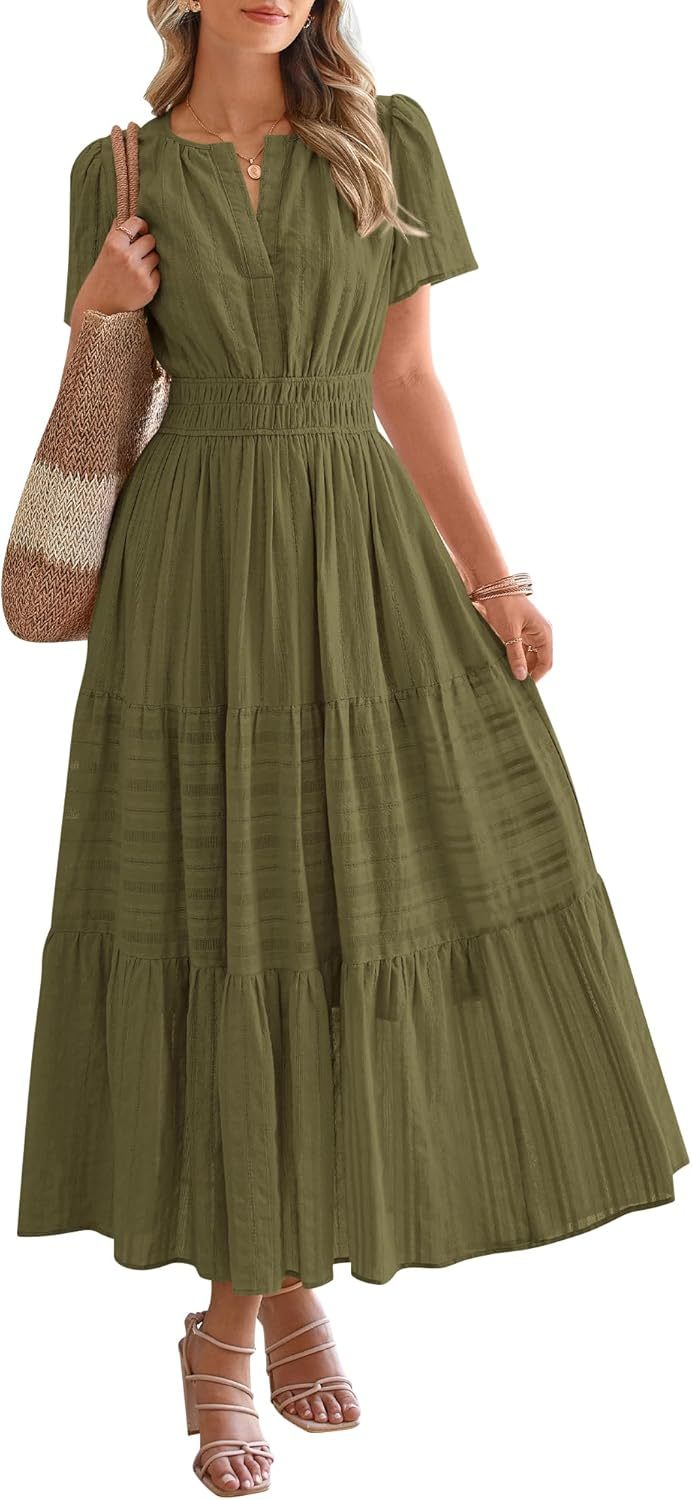 Midi Maxi Dresses Lightweight Short Sleeve V Neck Elastic Waist Boho Beach Dress Pockets