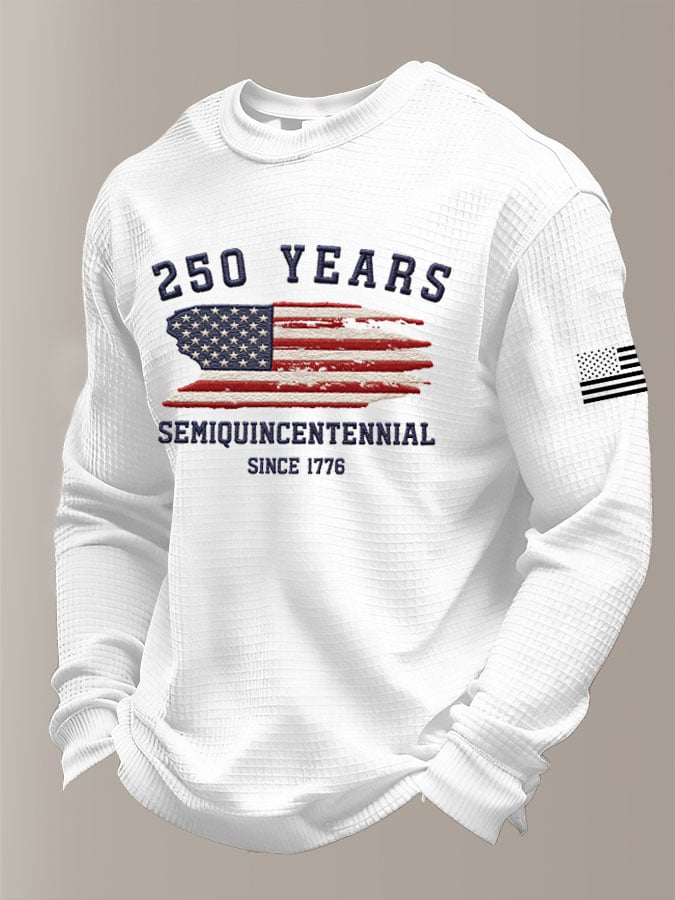 Men's 250th America Anniversary Casual Printed Waffle Fabric Long-Sleeved T-Shirt