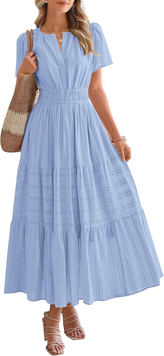 Midi Maxi Dresses Lightweight Short Sleeve V Neck Elastic Waist Boho Beach Dress Pockets