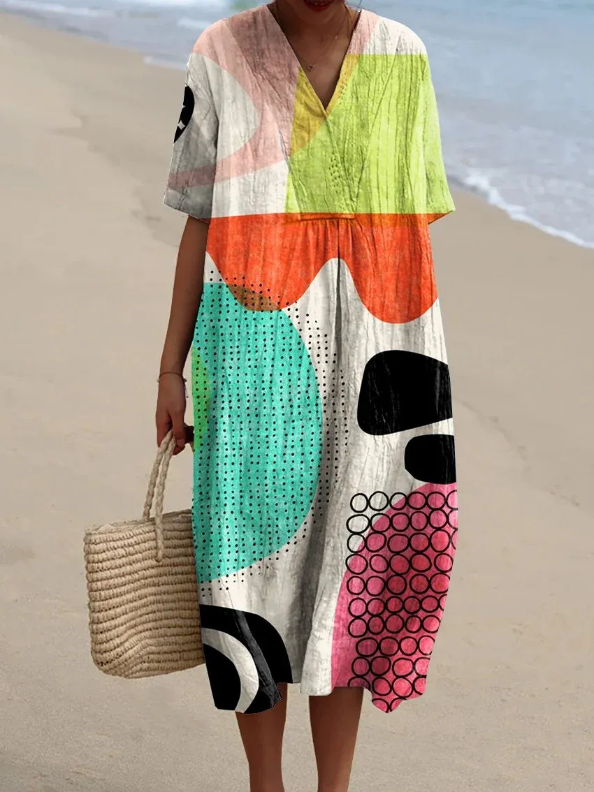 Women's Abstract Vibrant Bold Fun Colorful Geometric Stripes Art Print Flowy Dress