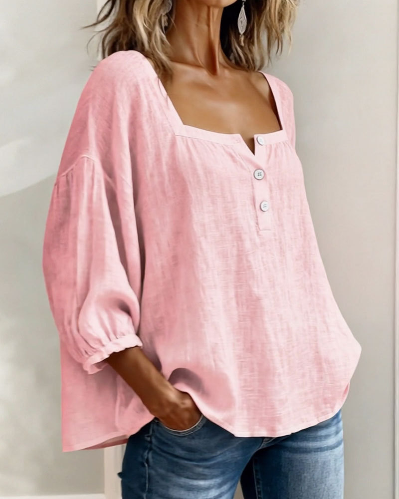 🌸 Pink Square Neck Half Button Blouse