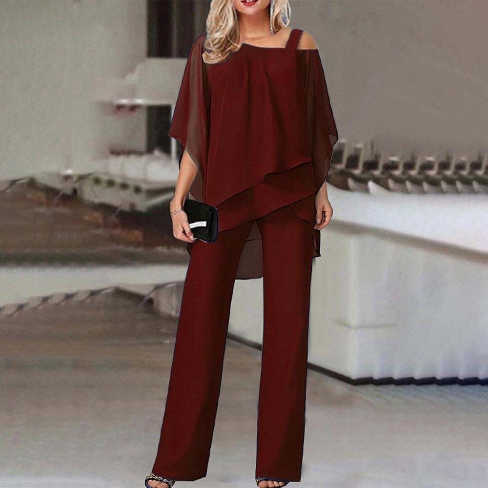 Elegant Layered Chiffon Top & Wide-Leg Pants Set
