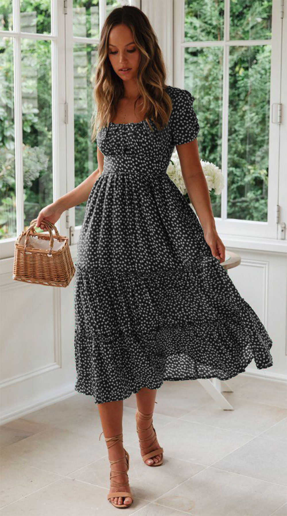 Square Neck Puff Sleeve Floral Print Maxi Dress