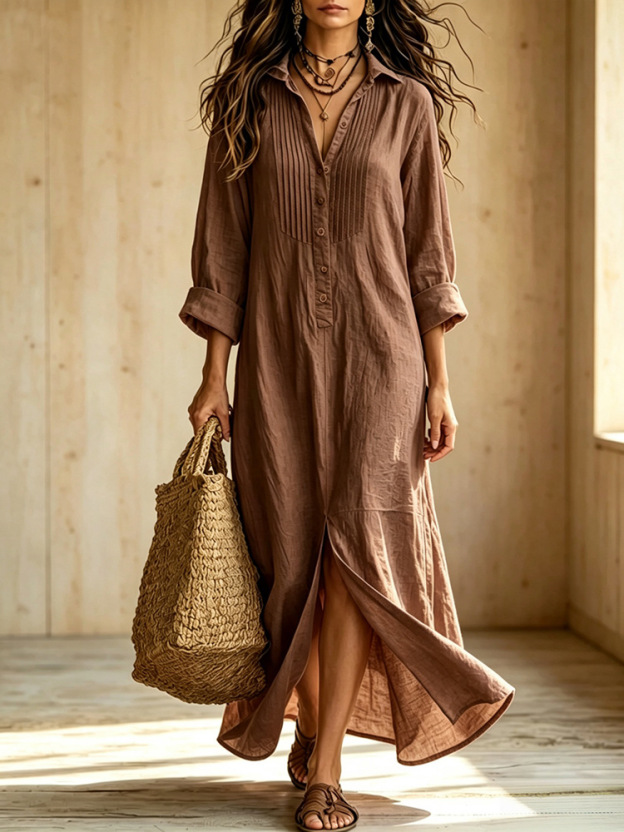 Effortless Chic: Women's Pure Cotton Pintuck Shirt Maxi Dress