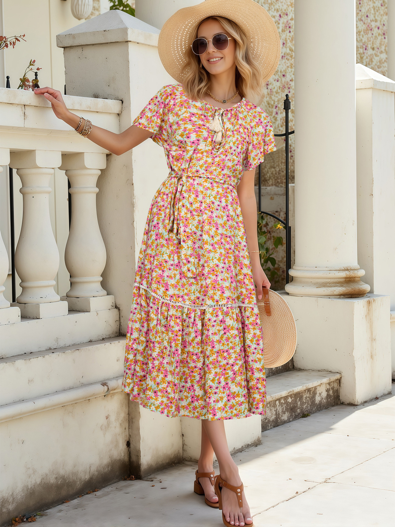 Cotton Printed Dress with Eyelet Lace Trim and Ruffled Paneling – Short Sleeves