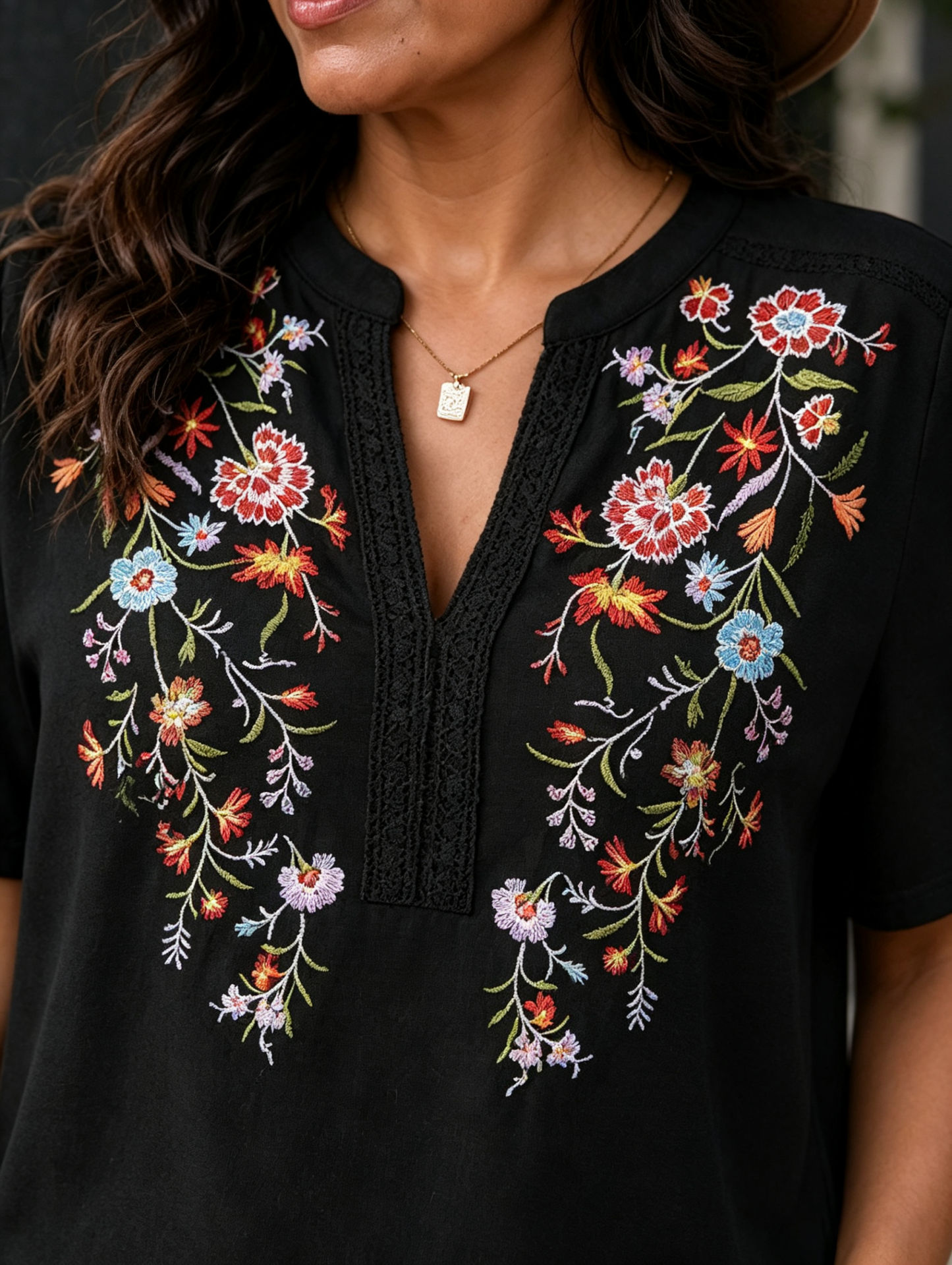 Embroidered Notched Short Sleeve T-Shirt