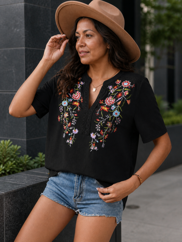 Embroidered Notched Short Sleeve T-Shirt