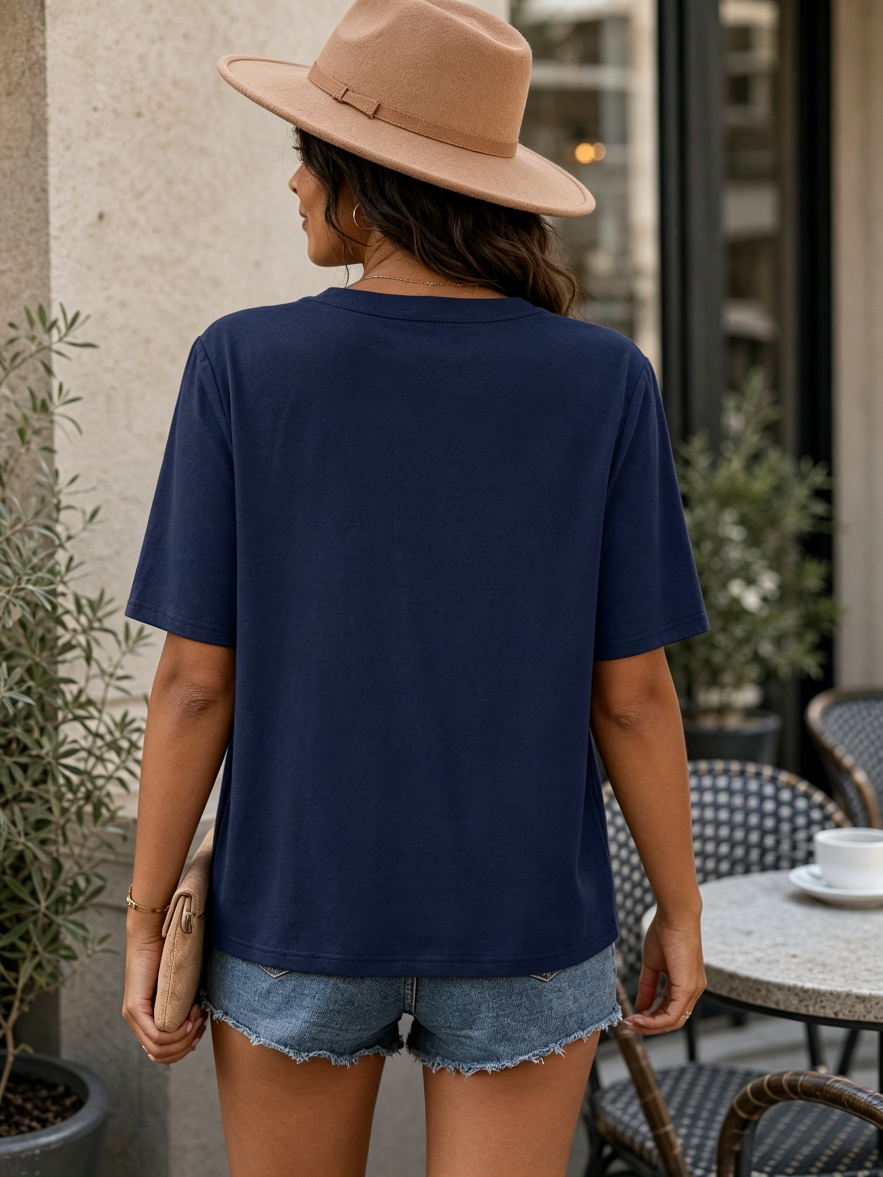 Embroidered Notched Short Sleeve T-Shirt