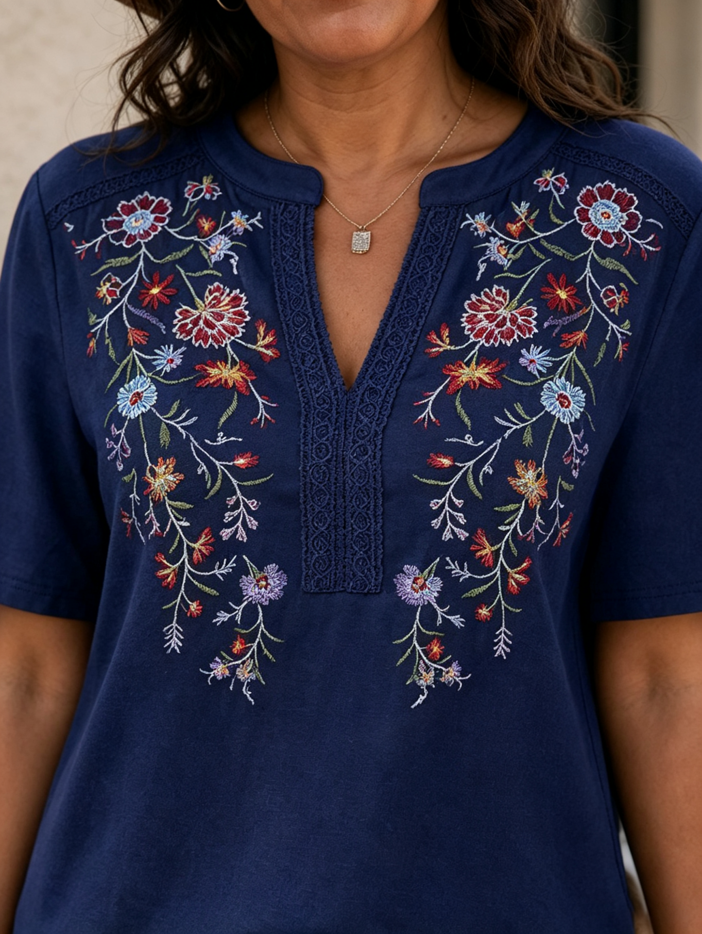 Embroidered Notched Short Sleeve T-Shirt