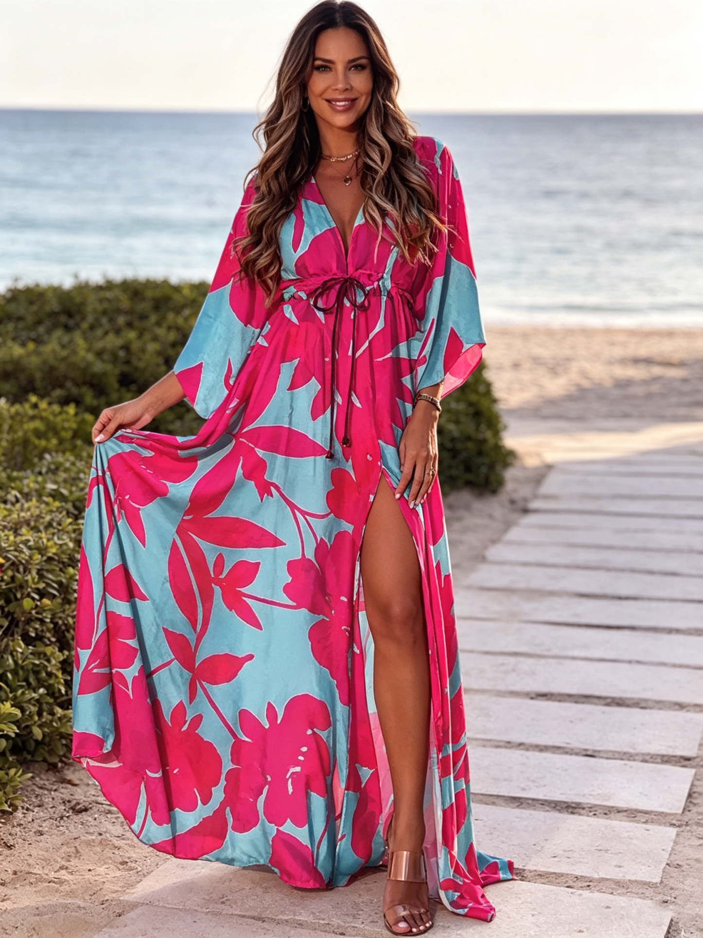 Zara™ | Women's Abstract Print Maxi Dress – Deep V-Neck Kimono Sleeve Tie Waist Dress with Front Split