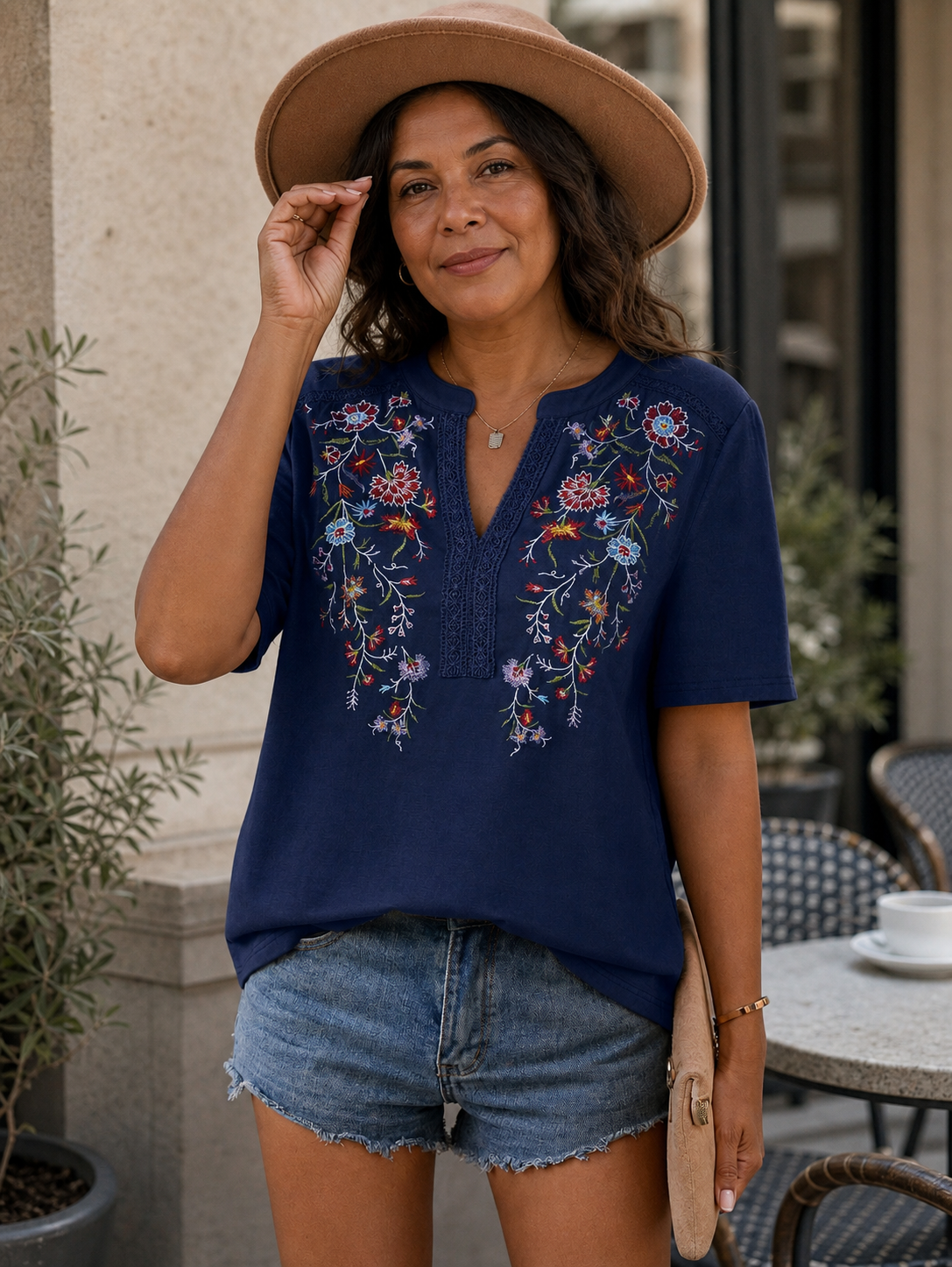 Embroidered Notched Short Sleeve T-Shirt