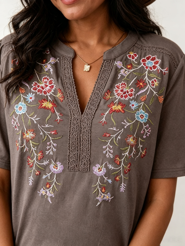 Embroidered Notched Short Sleeve T-Shirt