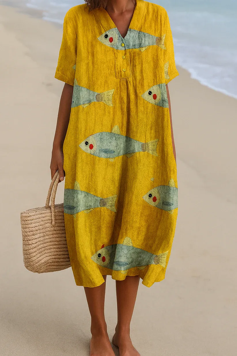 Women's Abstract Pattern Art Print Cotton Dress Boho Floral Print  Loose Summer