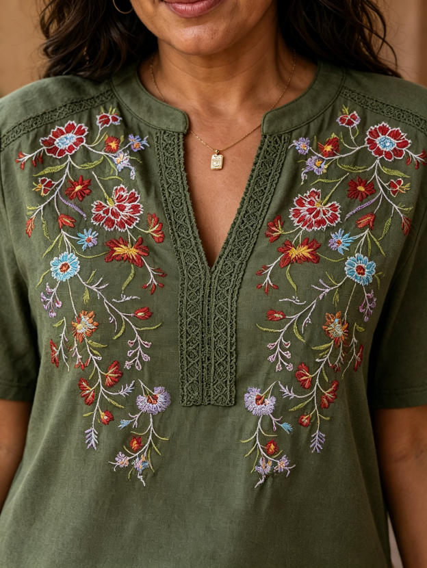 Embroidered Notched Short Sleeve T-Shirt