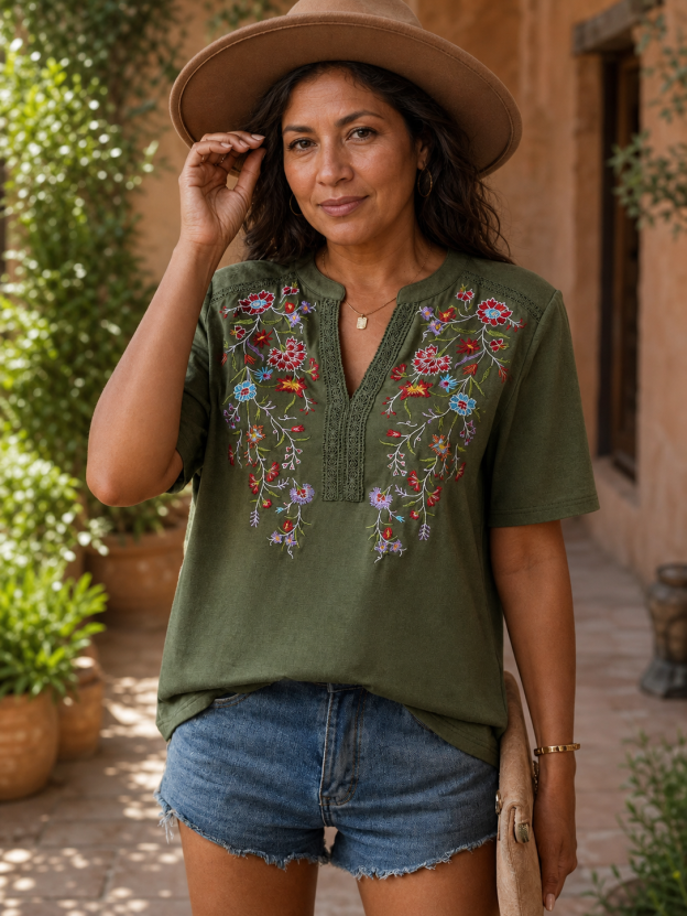 Embroidered Notched Short Sleeve T-Shirt