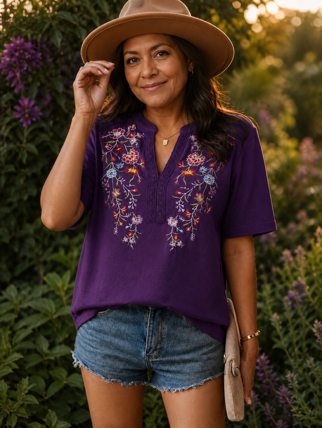 Embroidered Notched Short Sleeve T-Shirt