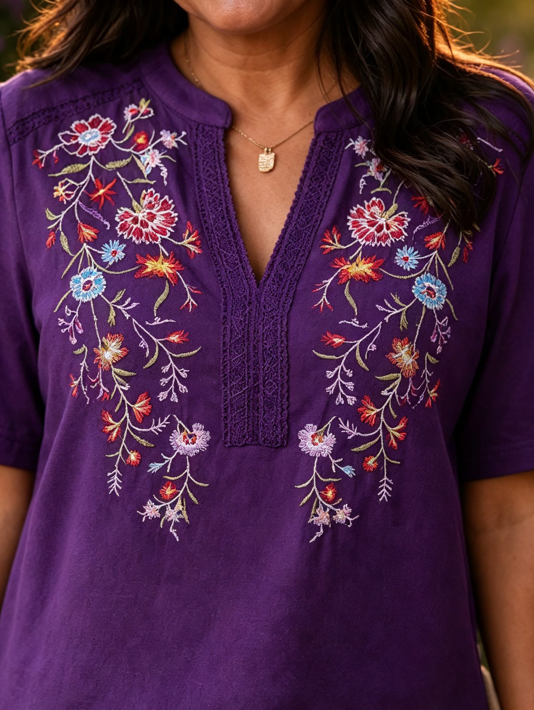 Embroidered Notched Short Sleeve T-Shirt