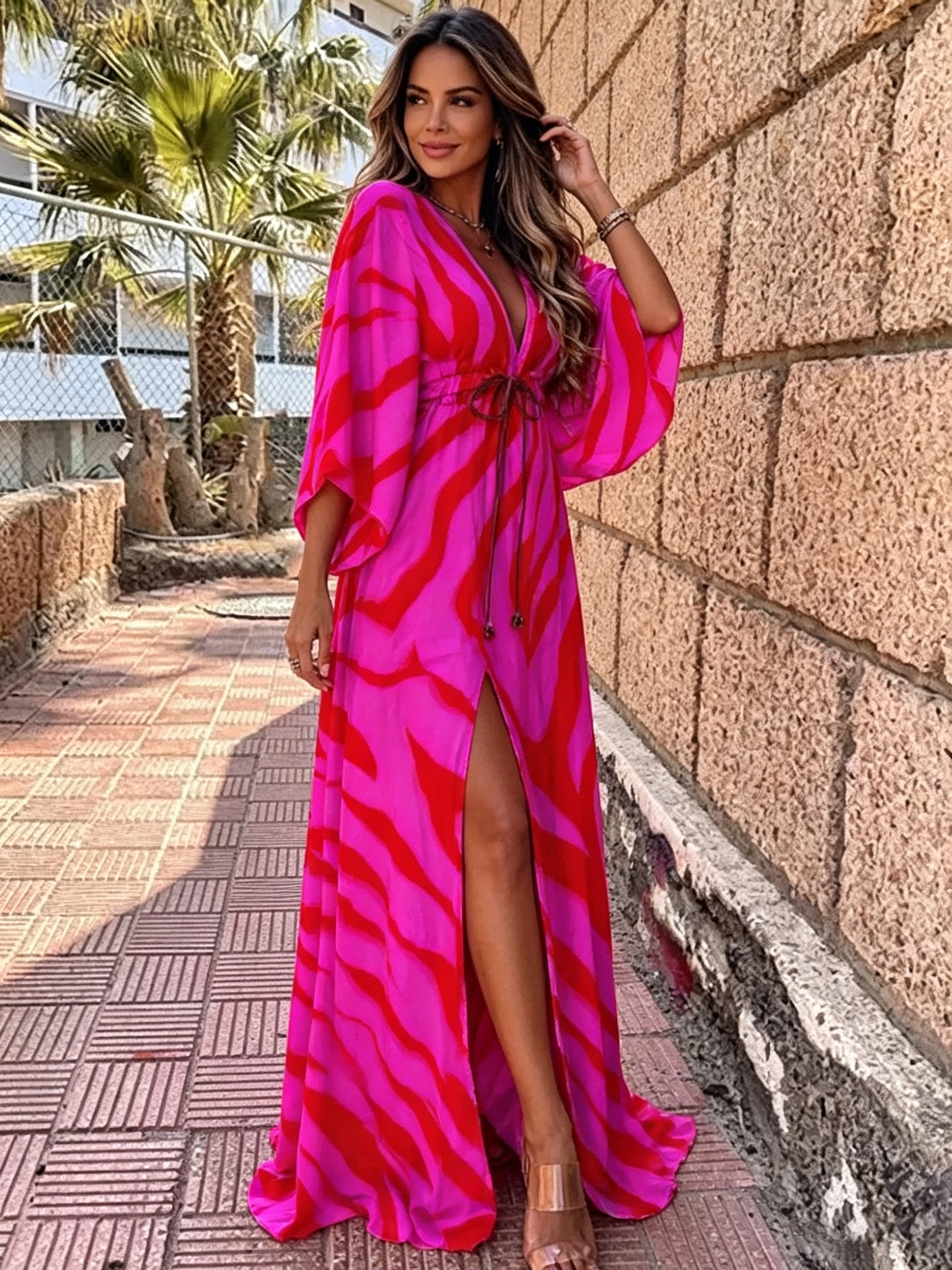 Zara™ | Women's Abstract Print Maxi Dress – Deep V-Neck Kimono Sleeve Tie Waist Dress with Front Split