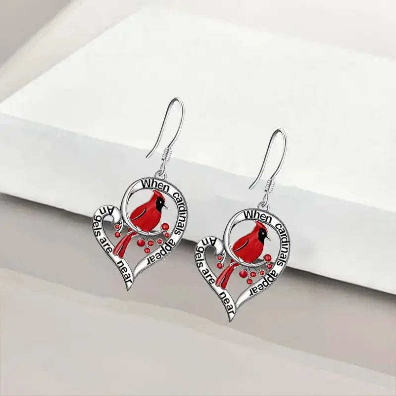 Cardinal Memorial Earrings – “When Cardinals Appear, Angels Are Near” Heart Drop Design