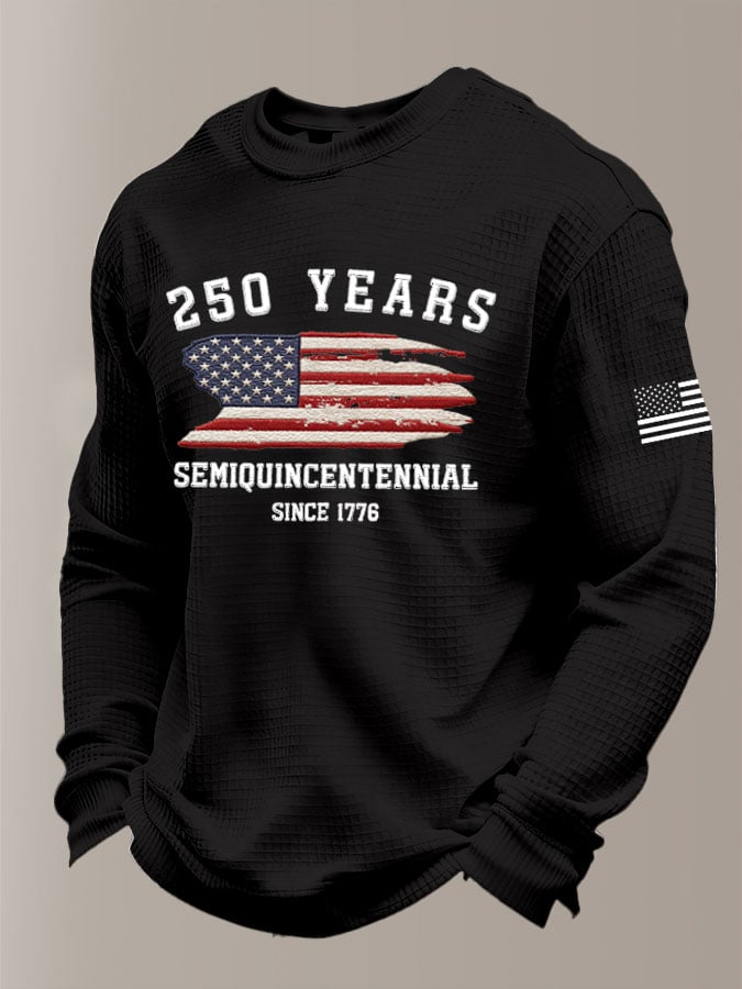 Men's 250th America Anniversary Casual Printed Waffle Fabric Long-Sleeved T-Shirt