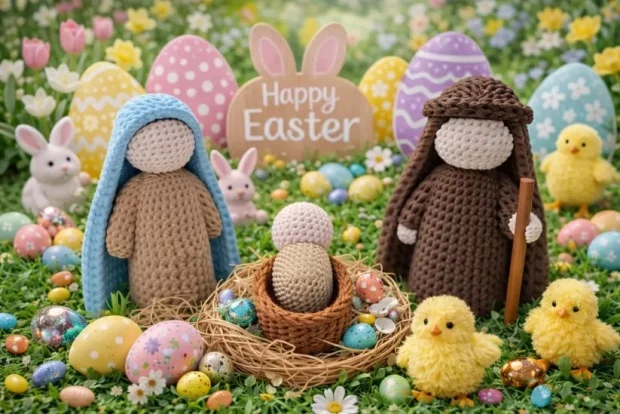 ✝️ He Is Risen – Handmade Crochet Nativity Easter Decor Set(3pcs)🐣🌸