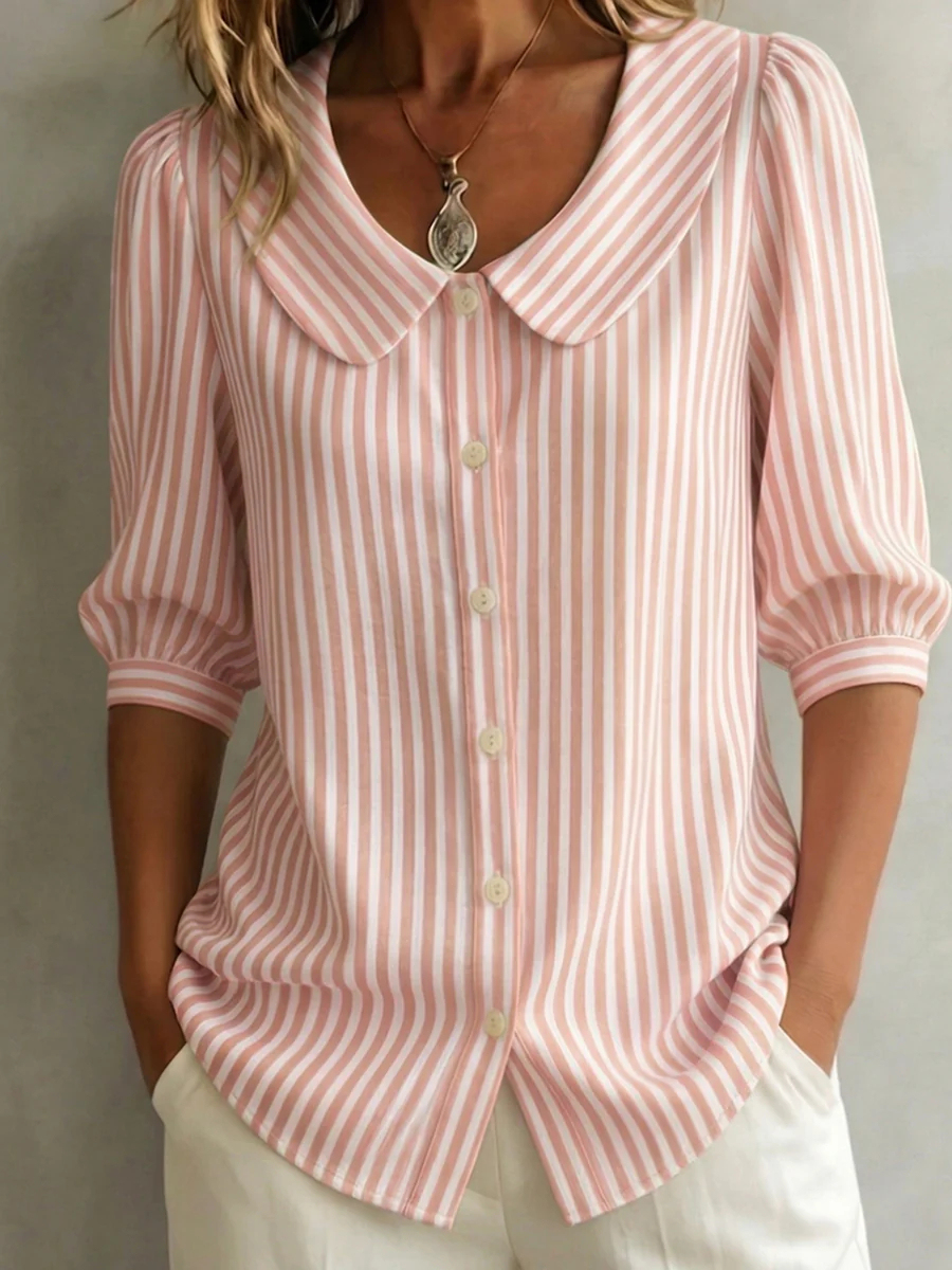 New Arrivals🔥 Women's Retro Peter Pan Collar Striped Cotton Linen Shirt