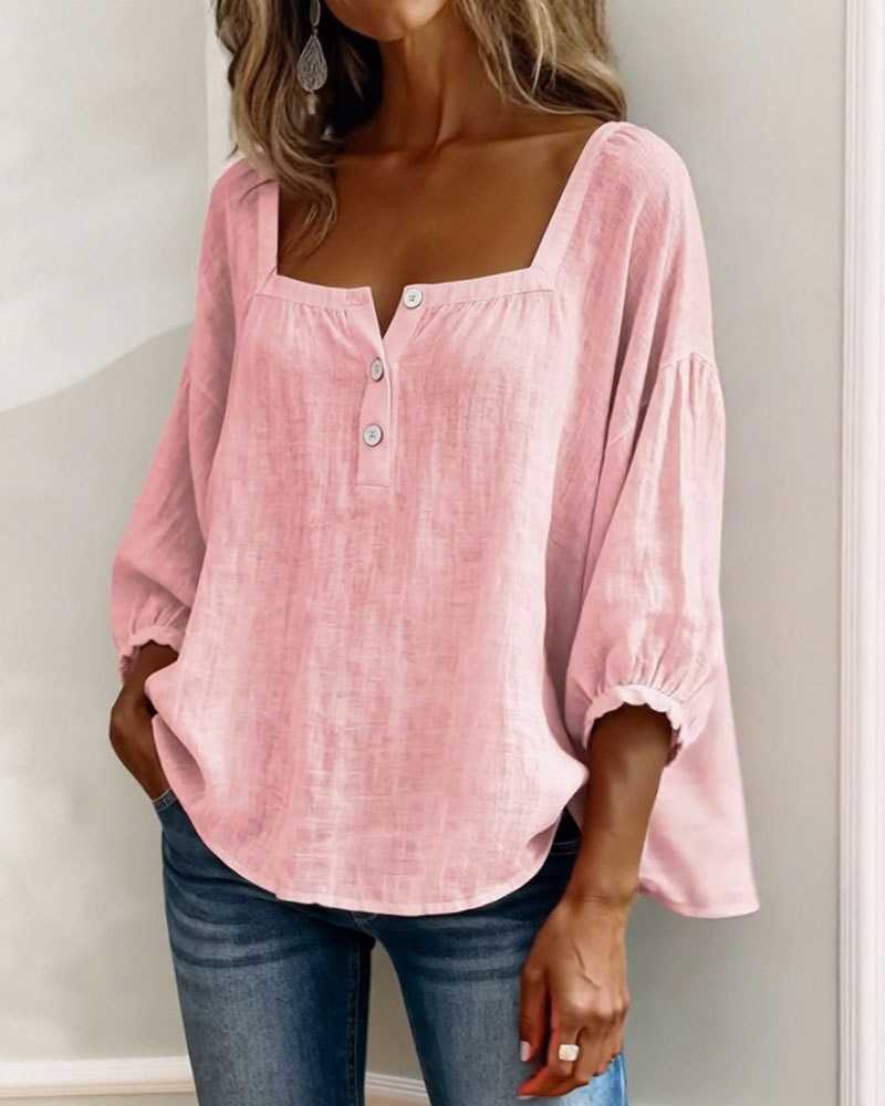 🌸 Pink Square Neck Half Button Blouse