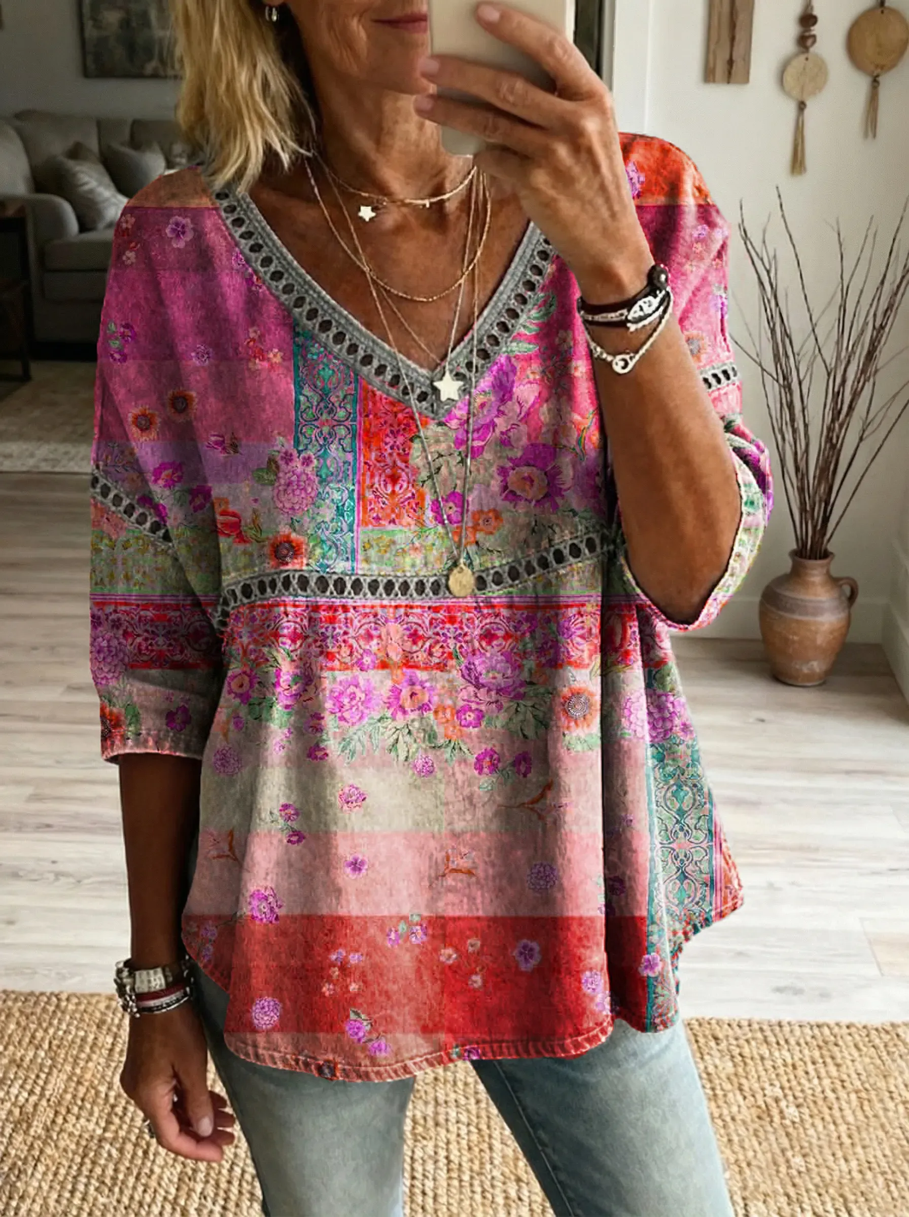 Women's Floral Pattern Art Print Casual V-neck Lace-up Top