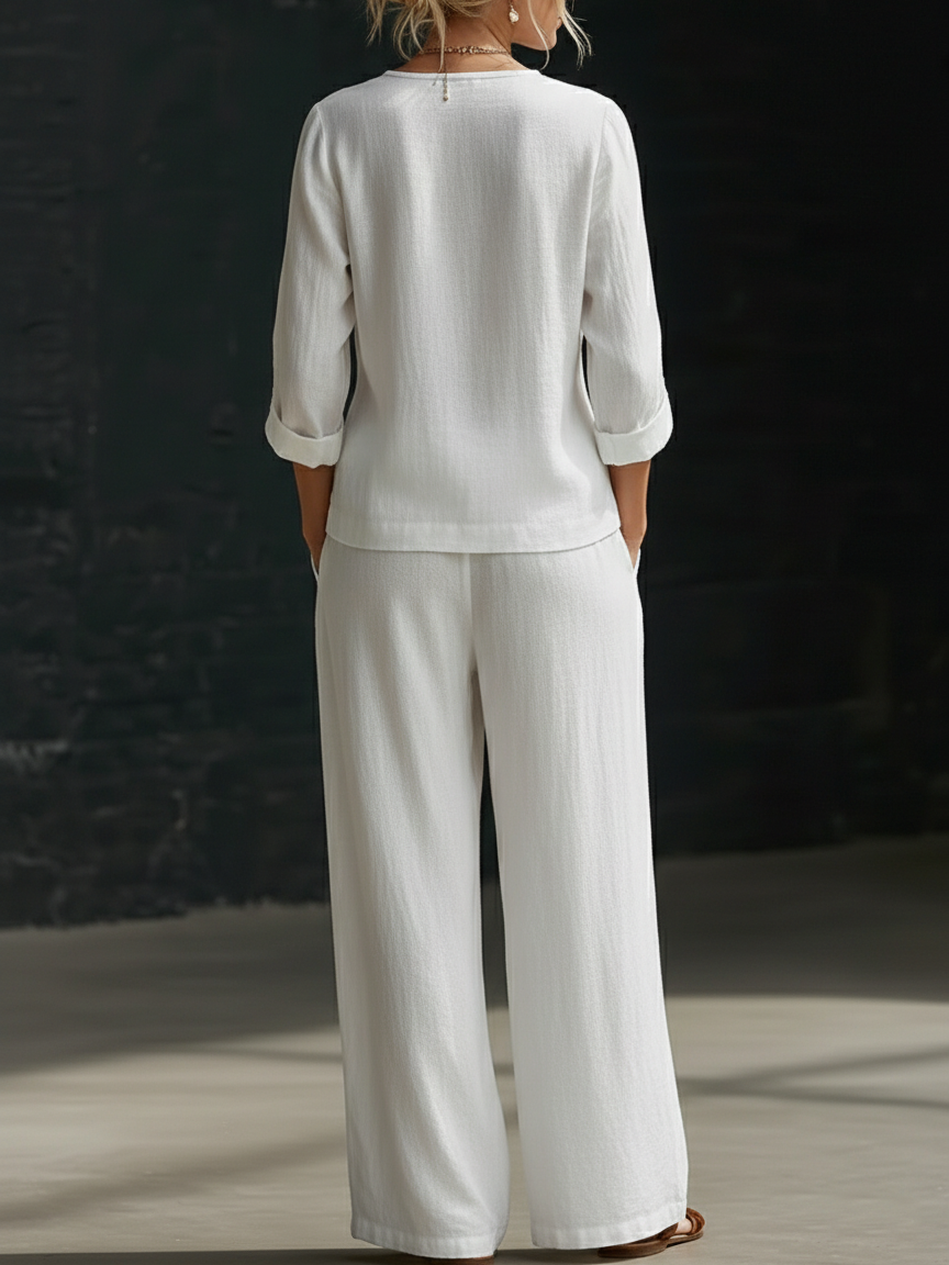 Minimalist V-neck Shirt And Wide-leg Pants Two-piece Set