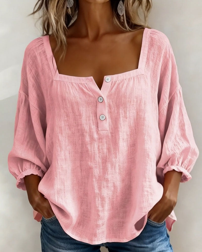 🌸 Pink Square Neck Half Button Blouse