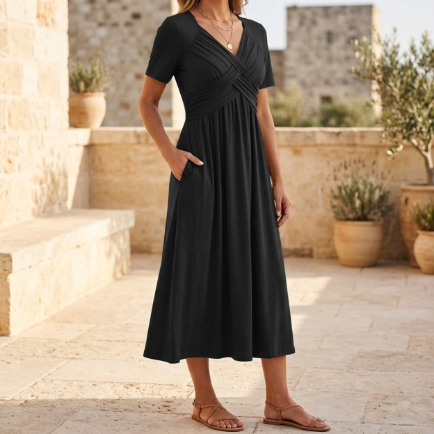 Superperfect – Crossover V-Neck Midi Dress with Pockets