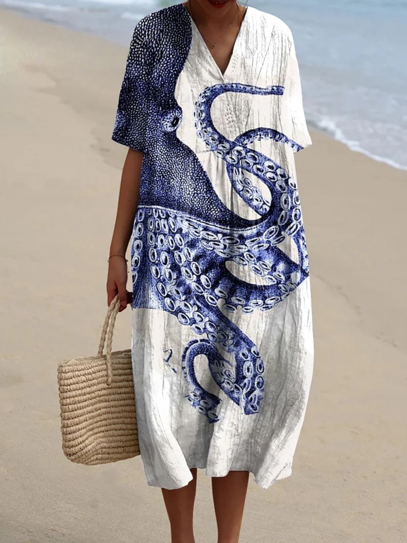 Women's Abstract Pattern Art Print Cotton Dress Boho Floral Print  Loose Summer