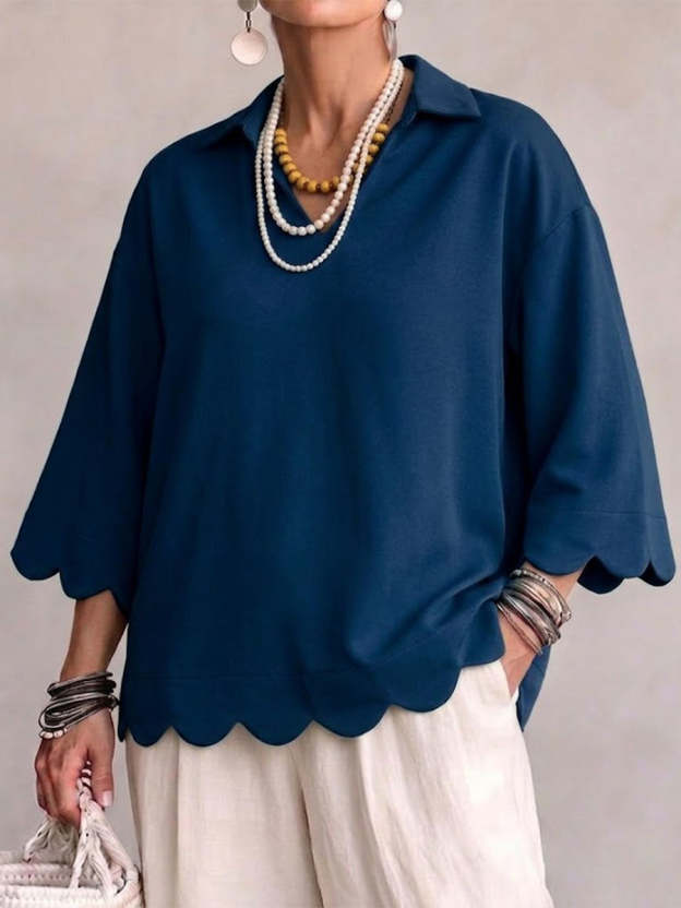 Scallop‑trim Lapel Collar 3/4 Sleeve Relaxed Top