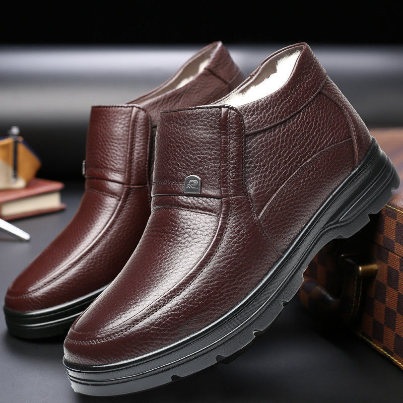 Men's cotton shoes leather middle-aged and elderly men's shoes thickened non-slip pure wool inside