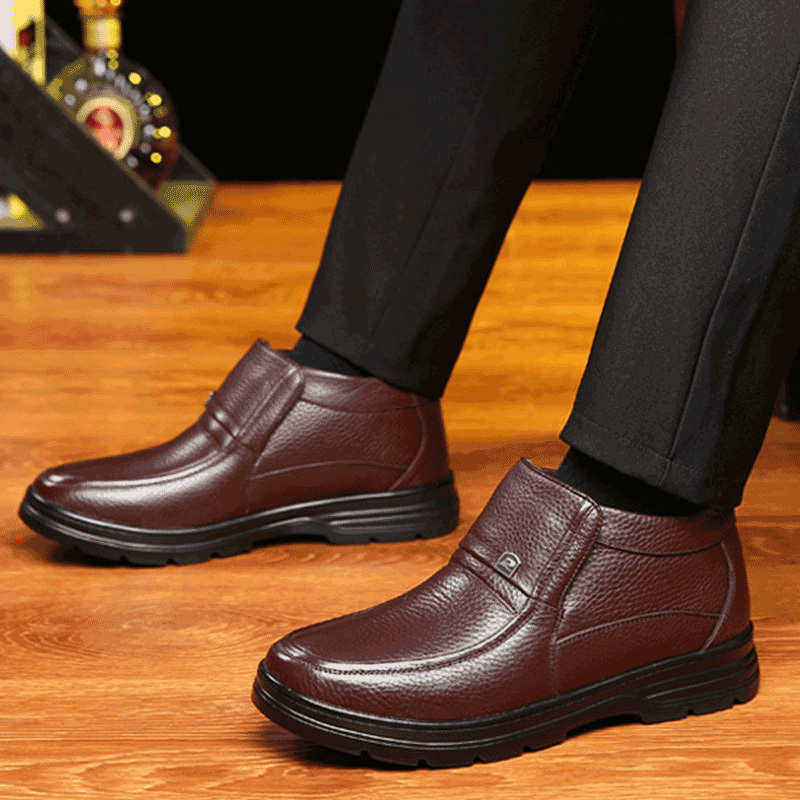 Men's cotton shoes leather middle-aged and elderly men's shoes thickened non-slip pure wool inside